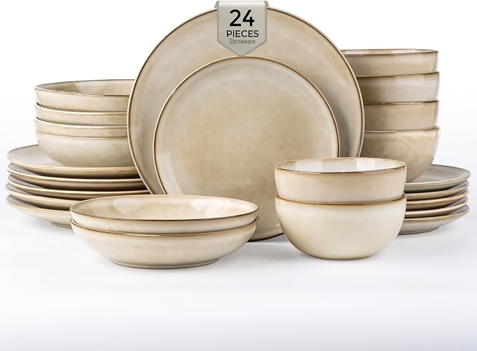 GBHOME 24 Pieces Double Bowls Dinnerware Sets for 6, Stoneware Plates and Bowls Set with Reactive Glaze, Scratch Resistant Stoneware Dishes Set, Dishwasher & Microwave Safe