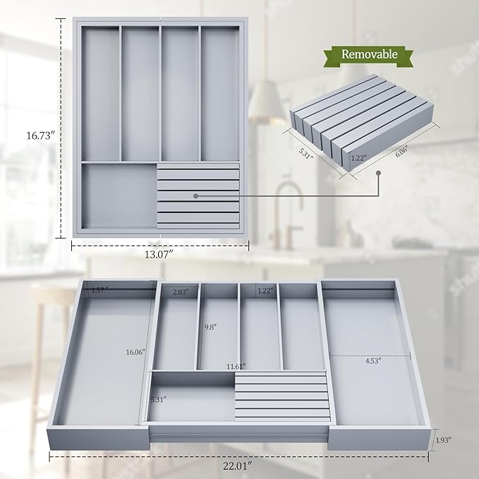 Bamboo Kitchen Silverware Drawer Organizer - Expandable Wood Utensil Holder with Dividers, Luxury Cutlery Storage Tray for Kitchen Utensil and Flatware (5-7 Slots with Removable Knife Block, Grey)