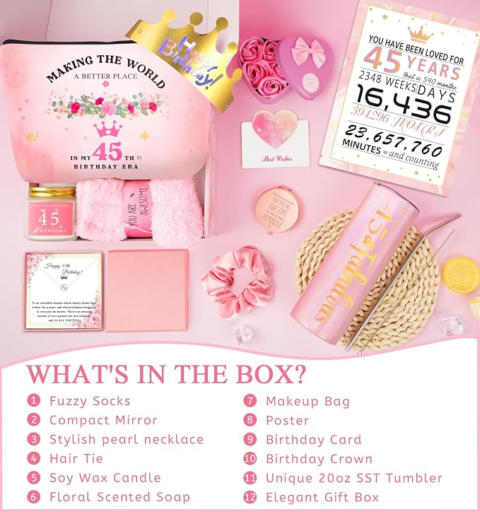 45th Birthday Gifts For Women, Happy 45th Birthday Gifts For Her Mom Sister Wife Best Friend Turning 45, Unique Gift For 45 Year Old Woman Birthday, Funny Birthday Decorations Gift Ideas