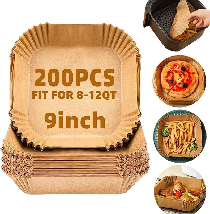LYHOLKEER 9inch 200Pcs Air Fryer Liners Disposable,Non-Stick Food Grade Air Fryer Parchment Paper Liner,Oil Resistant, Waterproof Parchment Paper Sheets for 8-12 QT Air Fryer
