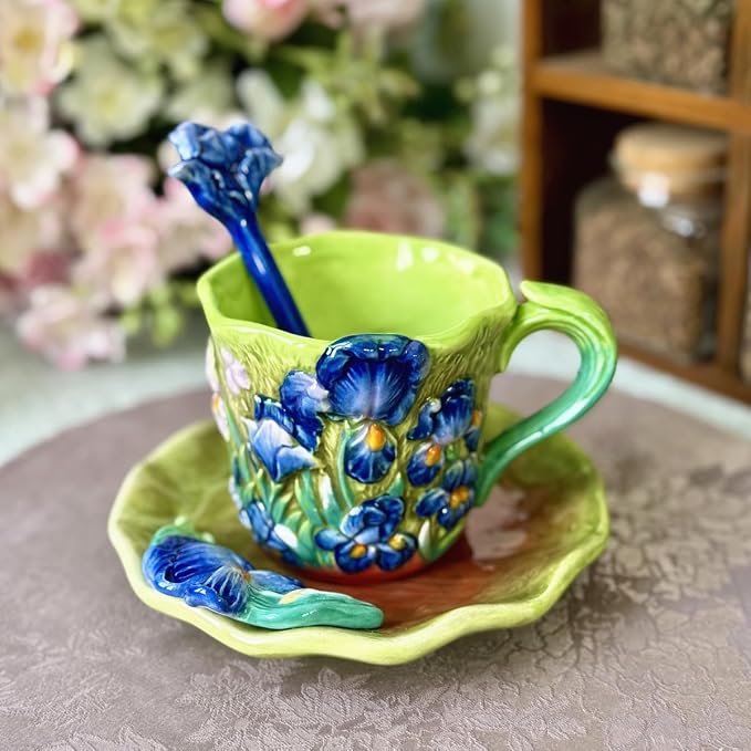 Ceramic Lrises Flower Coffee Mug and Saucer set with Spoon,3D Handmade and Hand-painted Tea Mug, 6OZ