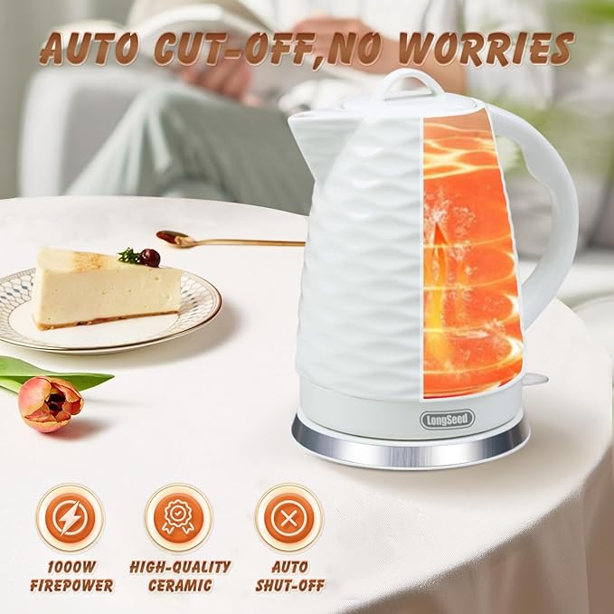 Ceramic electric kettle,1.5L/1000w, white electric tea kettle， Automatic Shut-Off, BPA-Free, Boil-Dry Protection, suitable for coffee, tea, quick boiling, with wave texture design
