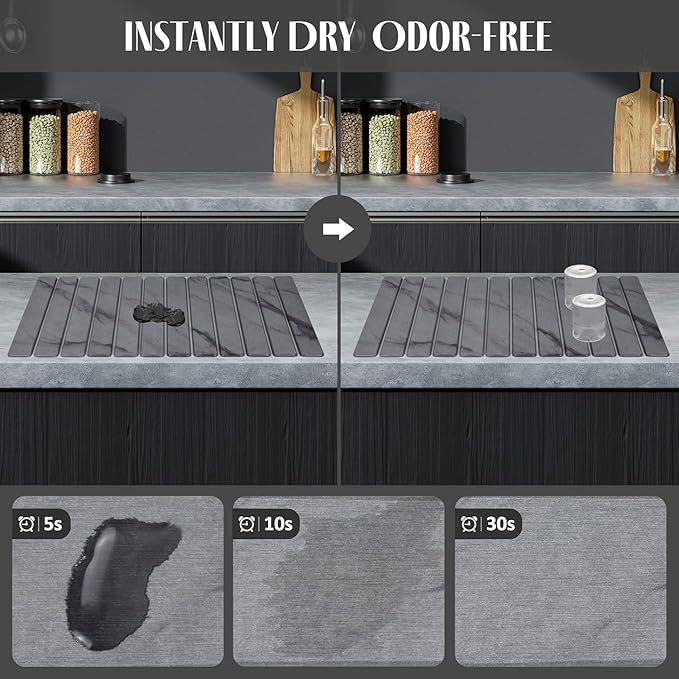 Extra Large Stone Dish Drying Mat for Kitchen Counter, 28"(L)×16"(W) Collapsible Quick Drying Dish Mats, Super Absorbent Drying Pad, Kitchen Counter Mats for Dishes, Bottles, Cups, Gray Mable