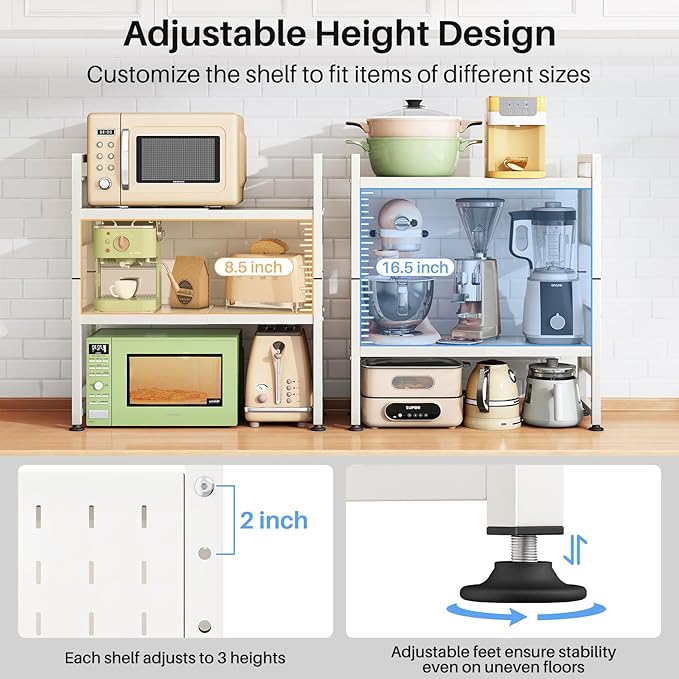 Expandable Microwave Stand, Heavy Duty 3-Tier Adjustable Microwave Oven Rack with 8 Hooks & 2 Holders, Space-saving Kitchen Counter Shelf for kitchen organizers and storage, 200lbs Capacity, White
