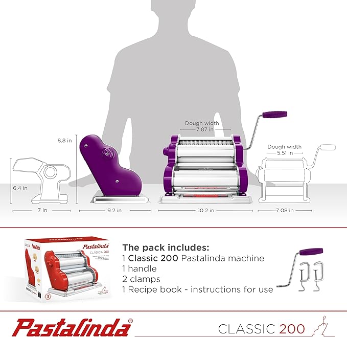 PASTALINDAClassic 200 Pasta Maker Machine, 20 cm Wide Rollers, 9 Thickness Positions, 2 Cutting Positions, Stainless Steel. Includes Reinforced Hand Crank And Two Clamps
