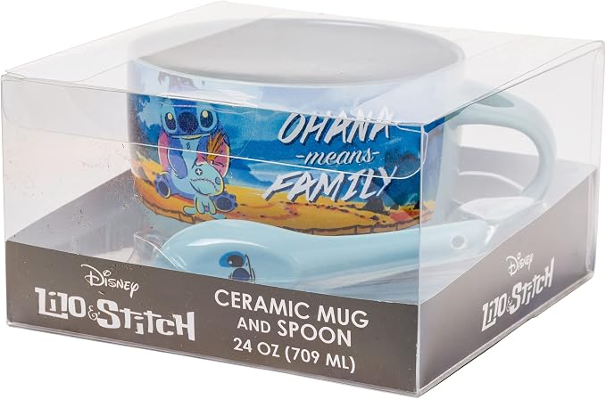 Silver Buffalo Disney Lilo and Stitch Featuring Scrump Ohana Means Family Ceramic Soup Mug Spoon Set, 24 Ounces