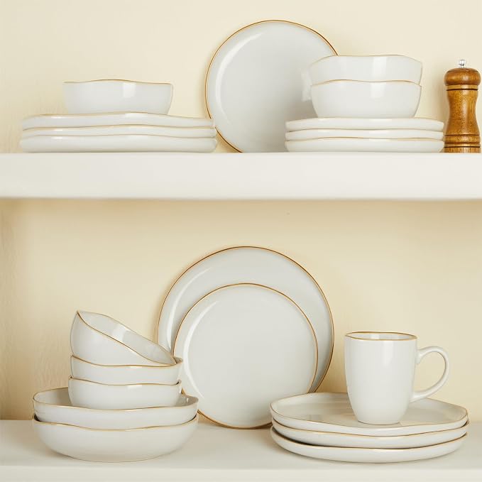 Pokini 32 Piece White Dinnerware Set with Pasta Bowls, Reactive Glaze Stoneware for 8 | Perfect for Multi‑Course Dinners, Hosting Large Groups, Holiday Serving Needs