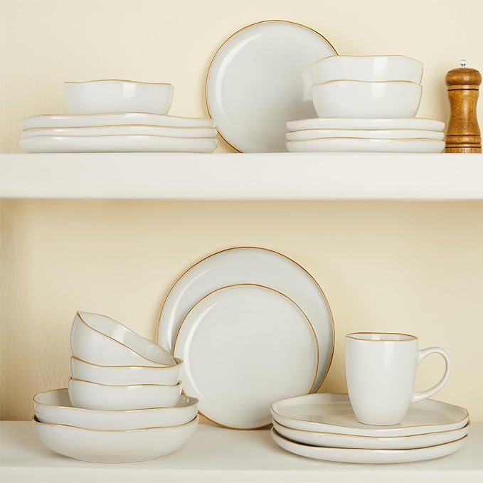 Pokini 24 Pieces Dinnerware Set for 6 with Pasta Bowls, Complete Ceramic Dish Set, Stackable & Glossy Stoneware Plate and Bowl Set for Effortless Everyday Hosting, White