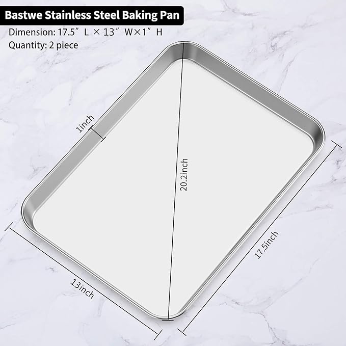 Baking Sheet Set of 2, Bastwe 18 inch Commercial Grade Stainless Steel Baking Pan, Professional Bakeware Oven Tray, Healthy & Non-toxic, Rust Free & Mirror Finish, Easy Clean & Dishwasher Safe