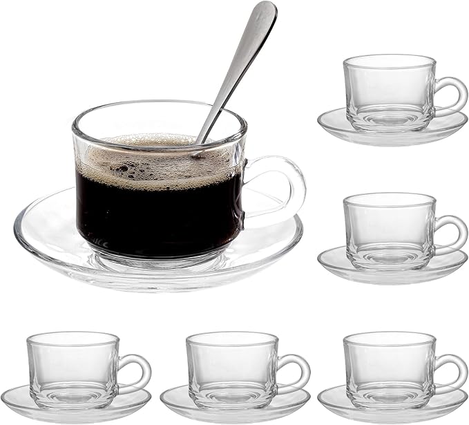 Glass Tea Cups and Saucers Set of 6, Clear Coffee Mugs with Stainless Steel Spoon, Dishwasher & Microwave Safe Teacups for Espresso Cappuccino Latte Tea Juice, 6OZ/180ML