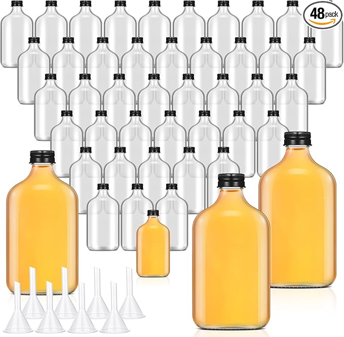 Gejoy 48 Pcs Mini Liquor Bottles Reusable Glass Flask Bottles with Black Caps Clear Empty Alcohol Shot Jars Small Champagne Jars with 4 Funnels for Wine Weddings Party Favors Christmas (6.8 oz)