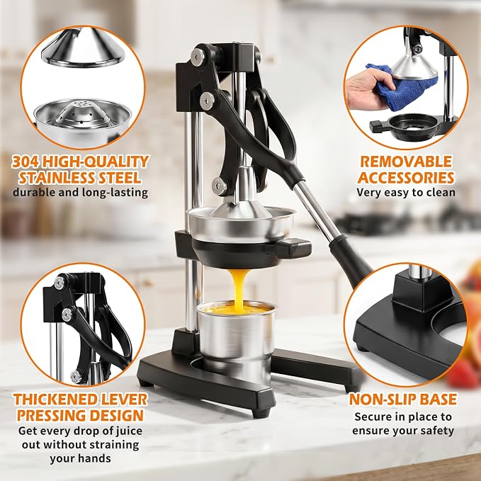 Ultra Premium Cast Iron Juicer, Heavy Duty Manual Citrus Juicer Press with Complete Accessory Kit, Stainless Steel Hand Juicer Squeezer for Lemon, Orange, Lime, Pomegranate