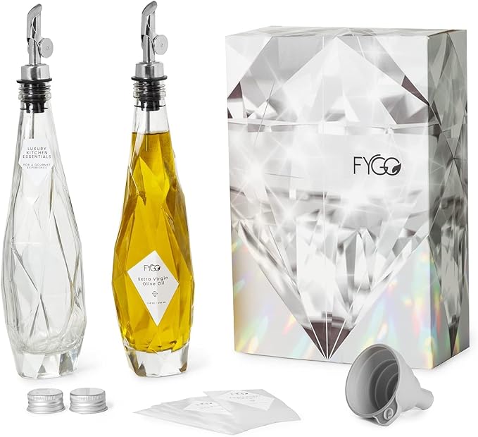 FYGO Diamond Lux Olive Oil Bottle Dispenser - Olive Oil Container- Oil and Vinegar Dispenser Set with Pourer and Funnel - Bottle for Kitchen - 350ml - Set of 2