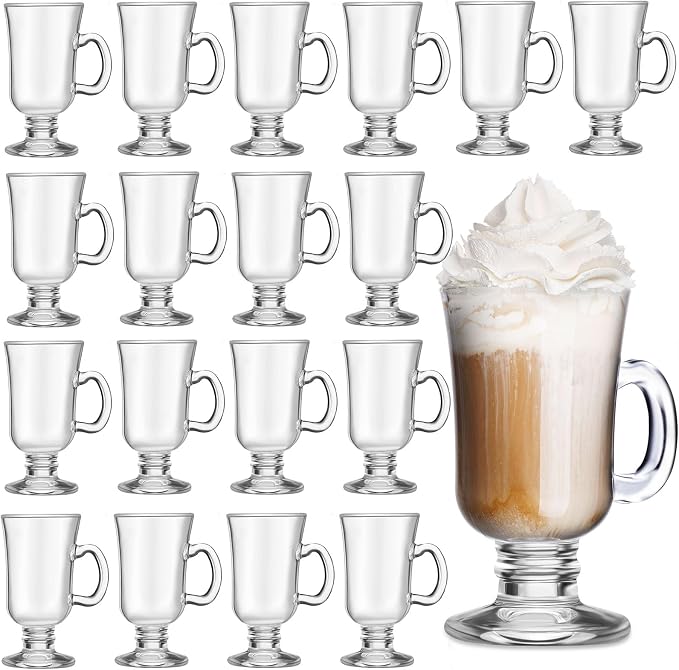 Sieral 18 Pieces Irish Coffee Mugs Bulk 8.5 oz Irish Coffee Glass with Handle Clear Glass Mugs for Wedding Prom Graduation Party Ice Cream Tea Hot Chocolate Espresso Cappuccino Latte Cups
