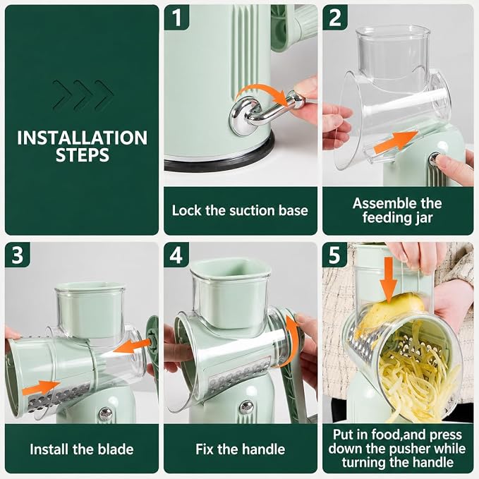 5 in 1 Rotary Cheese Grater with Hand Crank, 5 Replaceable Blades, Strong Suction Base, Multi-Functional Vegetable Slicer Shredder Chopper with Blade Storage Box for Fruit Vegetables Nuts(Green)