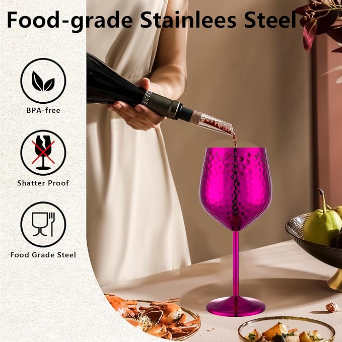 UNISWEET Stainless Steel Wine Glasses Set of 4 Unbreakable (Purple) | 17 oz Large-capacity Hammered Goblets, Lightweight & Reusable, Good for Outdoor, Camping, Pool Travel, Gift for Wine Lovers