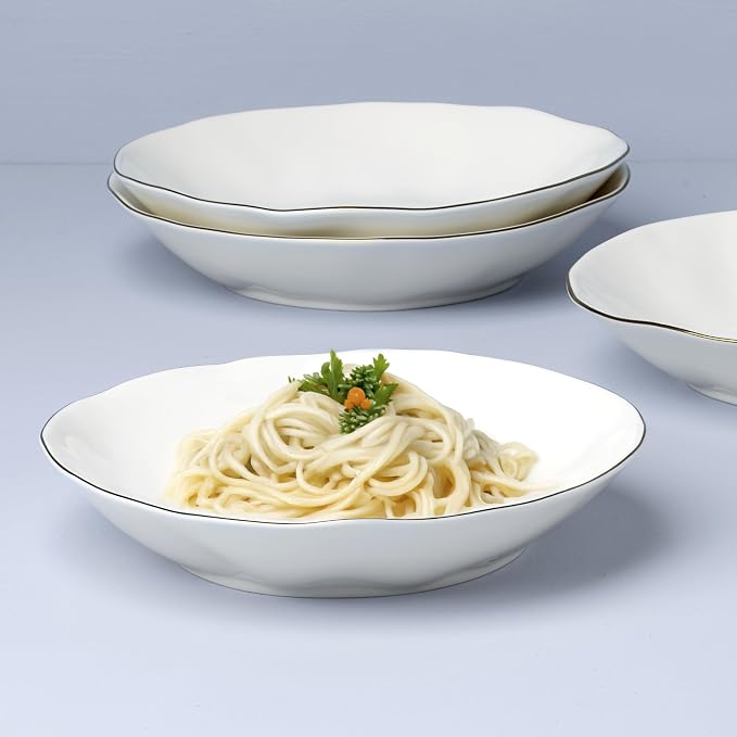 Lenox Dinnerware Set, Blue Bay White Pasta Bowls, Set of 4, Service For 4, Dishwasher and Microwave Safe, Made of Porcelain, 24 Ounce Capacity, Salad Bowl, Pasta Bowl, Gold Branding (White, 4 Pieces)