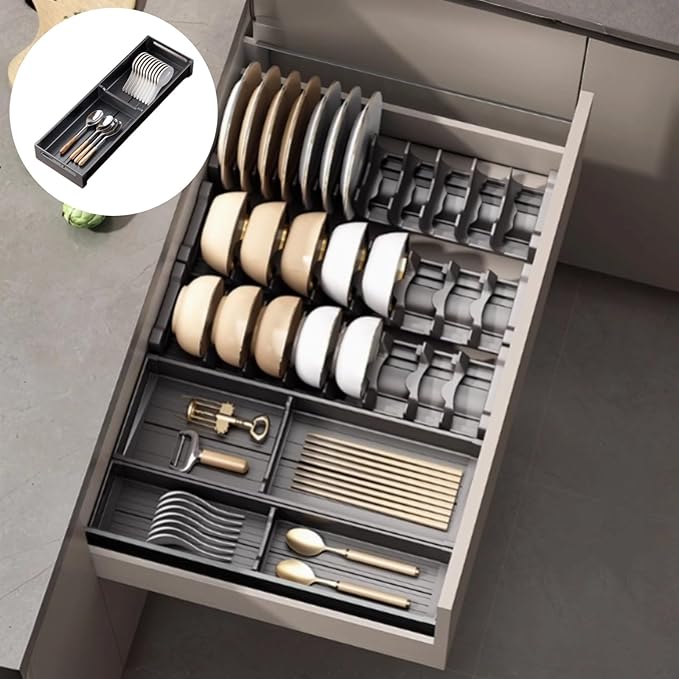 Dish Drying Rack, Stainless Steel Adjustable Bowl Plate Drainer, Pot Lid Holder, Plate Organizer for Cabinet for Cutting Boards, Cooling Racks (Gentle Black,18.11 * 5.90 inch,Tool Box D)