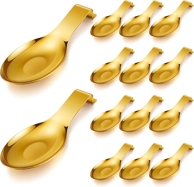 Nuanchu 20 Pcs Stainless Steel Spoon Rest Spatula Ladle Holder Spoon for Stove Top Heavy Duty Spatula Holder for Countertop Dishwasher Safe Utensil Rest for Kitchen, 3.8 x 9.6" (Gold)