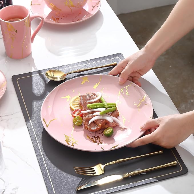 Pink Marble Dinnerware Set for 4, 16-Piece Porcelain Plates and Bowls Set with Gold Trim, Modern Ceramic Dish Set for Home Dining and Gifts