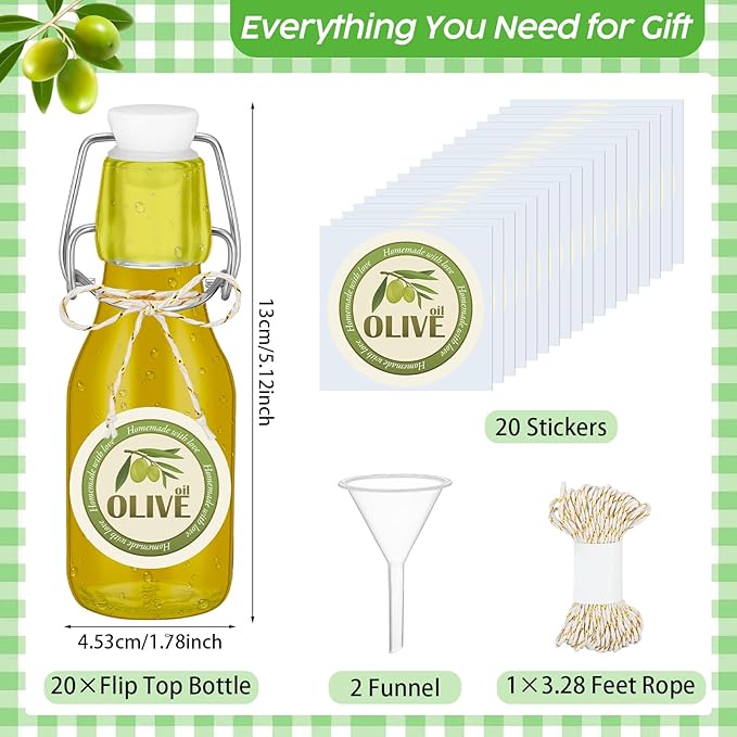 Queekay 20 Pack Mini Swing Top Glass Bottles for Vanilla Extract Homemade Olive Oil Bottles with Lids Airtight Cap Lids Labels for Wedding Baby Shower Favors (4 oz,Clear)