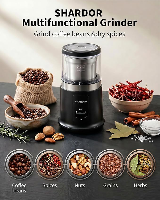 SHARDOR Quiet Coffee Grinder Electric, 70g Removable Bowl Spice Grinder for Coffee Beans, Seeds and Grains, Super Silent Grinding Mill with 60dB Low Noise, 2.5oz Capacity, Black