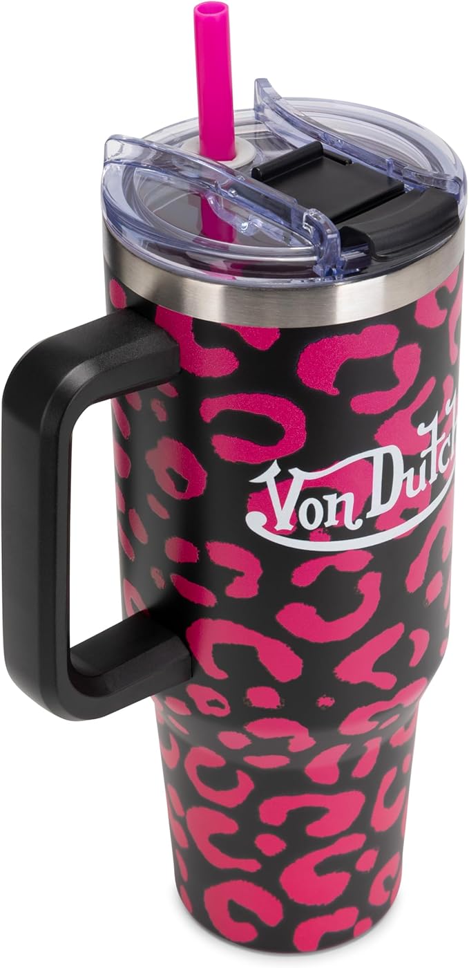 Von Dutch Hot Pink Cheetah 40oz Double Walled Insulated Food Grade Stainless Steel Tumbler, BPA Free - 24 Hours Cold / 10 Hours Hot
