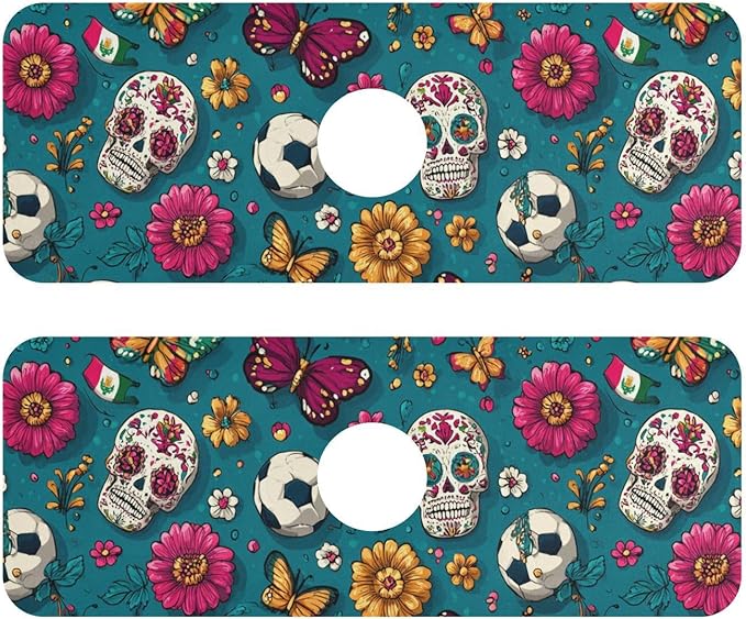 Kitchen Sink Splash Guard 2 PCS 14.7 Inch Sink Faucet Mat Splash Guard for Bathroom Countertop Water Absorbent Foldable Cuttable Soft Washable Mexican Flag Flower Soccer