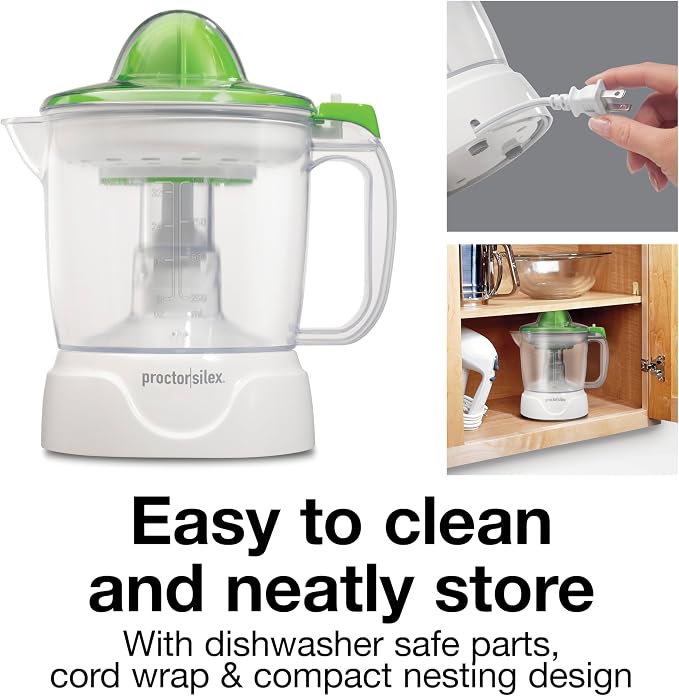 Proctor Silex 34 oz. Electric Citrus Juicer, Orange Juicer | Pressure Activated | 2 Reamers For Big and Small Fruit | Pulp Control | For Orange, Lemon, Grapefruit Juice | White & Green