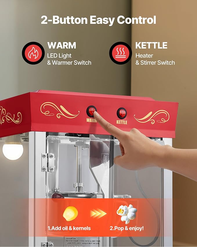VEVOR Popcorn Machine with Cart, 8oz Stainless Steel Kettle, 800W Commercial Popcorn Maker, 48 Cups per Batch Theater Style Popper, with 2-Button Control Glass Wall PC Door 1 Scoop 3 Spoons, Red