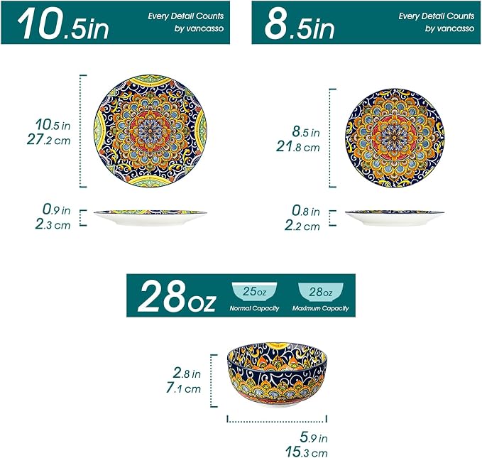 vancasso 12 Pieces Dinnerware Sets, Dark Green Plates and Bowls Set, Porcelain Dishes Set for 4, Microwave and Dishwasher Safe, Scratch Resistant, Bohemian Style Dining Ware Service for 4, Series SIMI