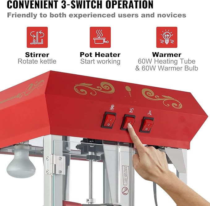 VEVOR Commercial Popcorn Machine, 8 Oz Kettle, 850 W Popcorn Maker on Wheels for 48 Cups per Batch, Theater Style Popper with 3-Switch Control Steel Frame Tempered Glass Doors Cart 1 Scoop 2 Spoons | 850W Theater Style Popper, On Wheels, 48 Cups per Ba...