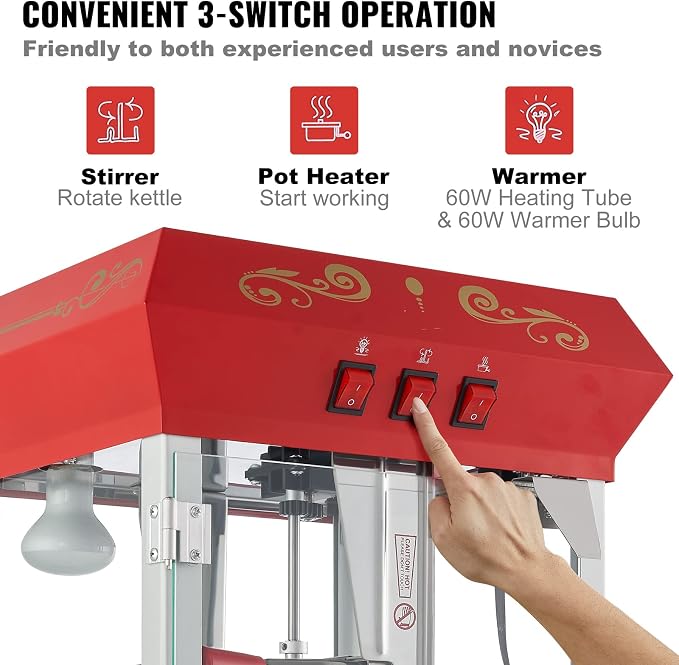 VEVOR Commercial Popcorn Machine, 8 Oz Kettle, 850 W Countertop Popcorn Maker for 48 Cups per Batch, Theater Style Popper with 3-Switch Control Steel Frame Tempered Glass Doors 2 Scoops 2 Spoons, Red | 48 Cups per Batch, Theater Style Popper with 3-Swi...