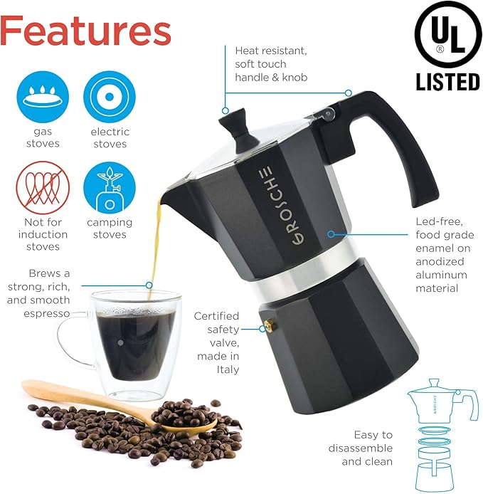 GROSCHE Milano Stovetop Espresso Maker Moka Pot Cuban Coffee Maker Stovetop Coffee Maker Moka Italian Greca Brewer Percolator | 6 Espresso Cup, Black