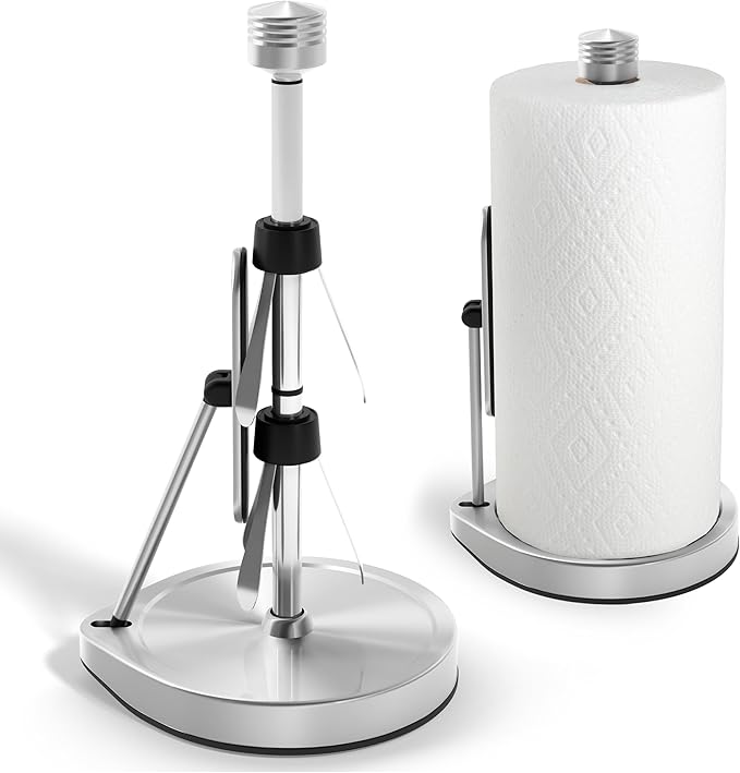Heavy-Duty Stainless Steel Paper Towel Holder - Easy One-Handed Tear with Suction Cups - Modern Weighted Standing Countertop Dispenser for Kitchen - Holds All Paper Towel Rolls, Silver