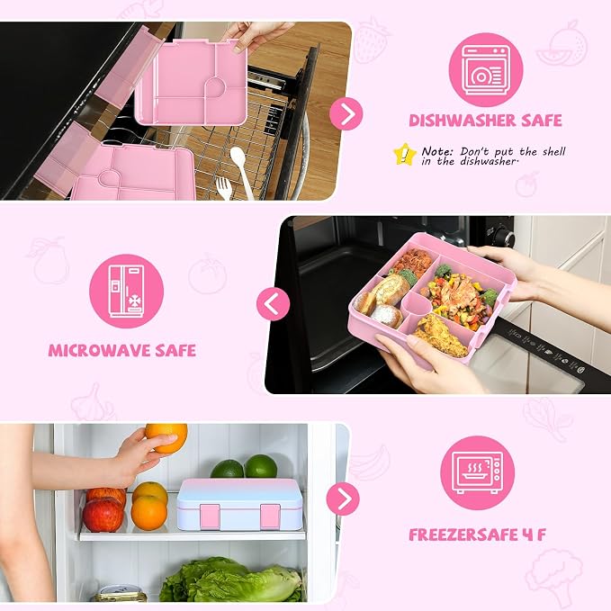 DIGOBAY Girls Backpack - Kids Bento Box Set with Insulated Lunch Bag, Cutlery and Pencil Case, 6 Leak-Proof Compartments, Removable Tray for Girls, Teens School Picnic (Pink-Blue)