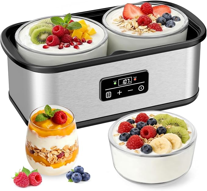 Yogurt Maker with Two 1 Quart Glass Bowls, Yogurt Maker Machine with Precise Temp Control (68-127℉) & 48H Timer, Auto Shut-Off, BPA-Free, for Homemade Probiotic Yogurt & Gut Health