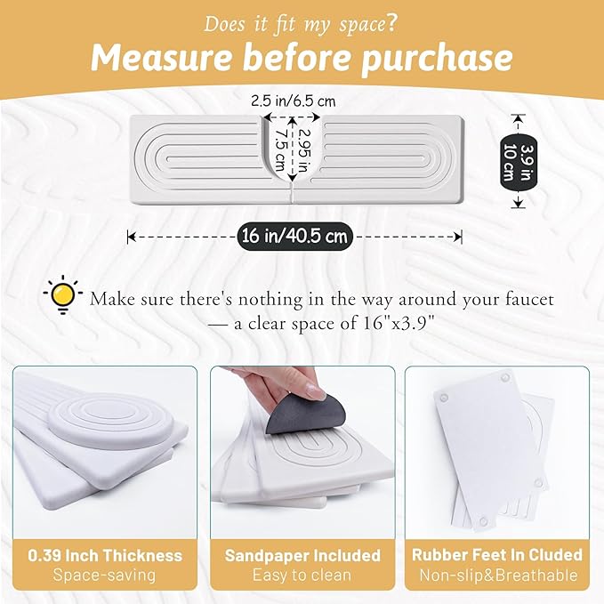 16" Faucet Mat for Kitchen Sink, Long Diatomite Fast Drying Stone Sink Tray, Super Absorbent, Prevents Moisture Buildup, Durable Protector for Kitchen Bathroom Counter, Gift for Housewarming, White