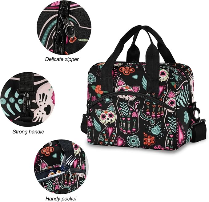 Death and Halloween Cats Insulated Lunch Bag Reusable Lunch Tote Bag Cooler Bag for Women Men Adult Lunch Box with Adjustable Shoulder Strap Leakproof Lunch Bag for Work School Picnic Camping