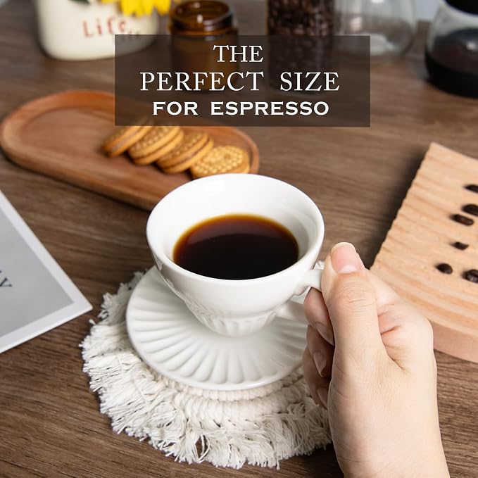 4 oz Espresso Cups Set of 6, Ceramic Cappuccino Cups with Saucers, Stackable Coffee Cup for Macchiato, Double shot, Tea, Coffee Lover Gifts, White