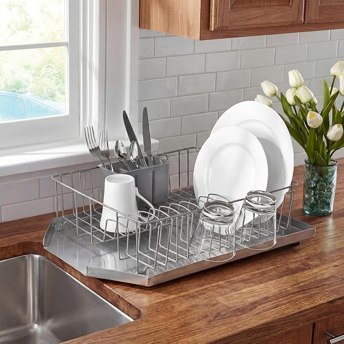 FillTouch Stainless Steel Dish Drain Rack with End Opening, Kitchen Drainboard, Rustproof Utensil Drying Rack for Sink Countertop