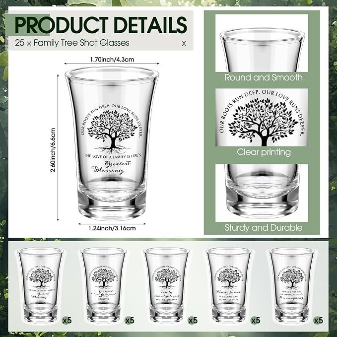 Roshtia 25 Sets Family Reunion Party Favors 5 Styles Adult Family Tree Acrylic Shot Glasses with Inspirational Card and Bag Adult Reunion Gifts