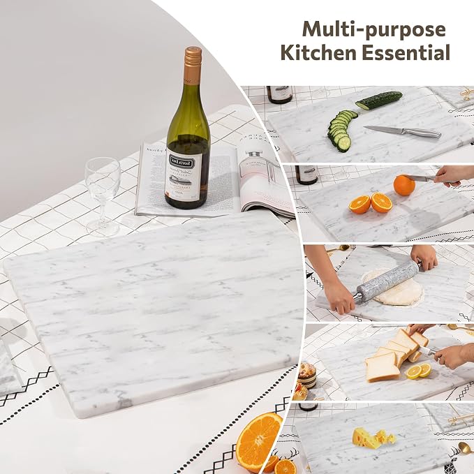 Natural Carrara White Marble Cutting Board for Kitchen, 16 x 20 Inch Marble Slab Pastry Board With Non-Slip Feet for Baking, Cheese, Charcuterie, Chocolate
