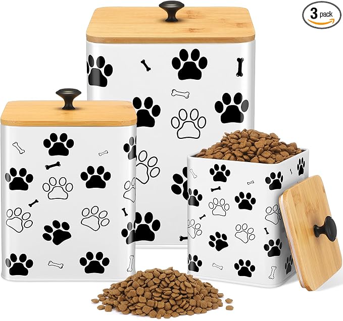 Reallnaive Airtight Dog Treat Container Set of 3 with Bamboo Lids Metal Treat Jars for Countertop Decorative Pet Snack Food Storage Canister Kitchen Biscuit Holder(White)