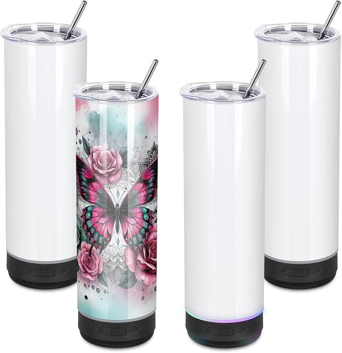 4 Pack 20Oz Music Speaker Tumbler, Skinny Straight Sublimation Tumblers, Stainless Steel Double Wall Insulated Speaker Cup With Detachable LED Light（Black）