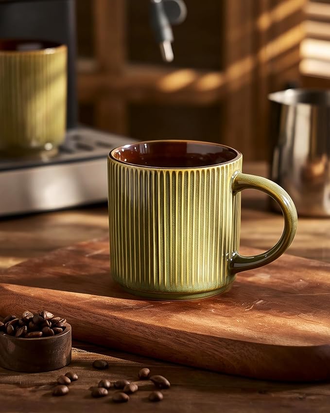 famiware Coffee Mug Set for 4, Star 12 oz Catering Mugs Cup Set with Handle for Coffee, Tea, Cocoa, Milk - Ceramic Stoneware Drinkware Set, Moss Cocoa