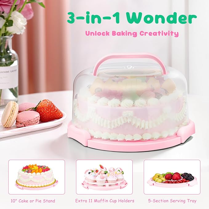 Cake Carrier With Lid And Handle, Bpa-Free Cake Holder With Lid For 10 Inch Round Cake Carrier With 10 pcs Round Golden Cake Boards And Portable Insulated Bag（Pink）