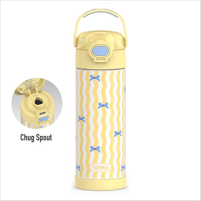 THERMOS FUNTAINER 16 Ounce Stainless Steel Vacuum Insulated Bottle with Wide Spout Lid, Wavy Bows