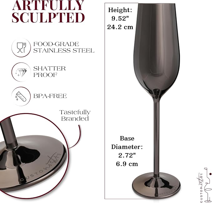 Gusto Nostro Stainless Steel Black Champagne Flutes Set of 2 - Unique, Unbreakable, Colorful Metal Champagne Glasses - Modern Toasting Flutes - Luxury Wedding Gifts for Couple - Wedding Registry Idea