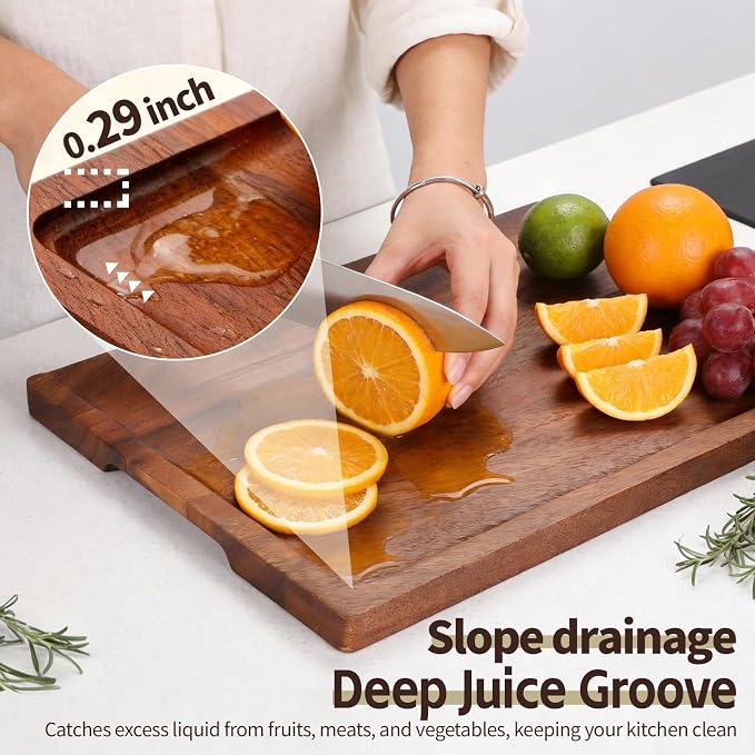 Walnut Cutting Board Set of 3 Handmade Wooden Chopping Boards with Holder, Deep Juice Grooves Side Handles Reversible NonToxic Serving, Gift for Mother's Day, Housewarming Wedding